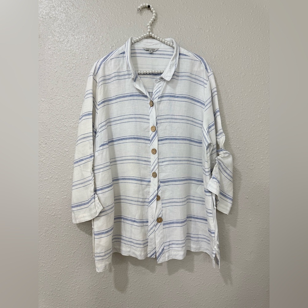 John Mark Women Wired Neck Top Blouse Shirt Size XL White Linen Button Up - Picture 4 of 10